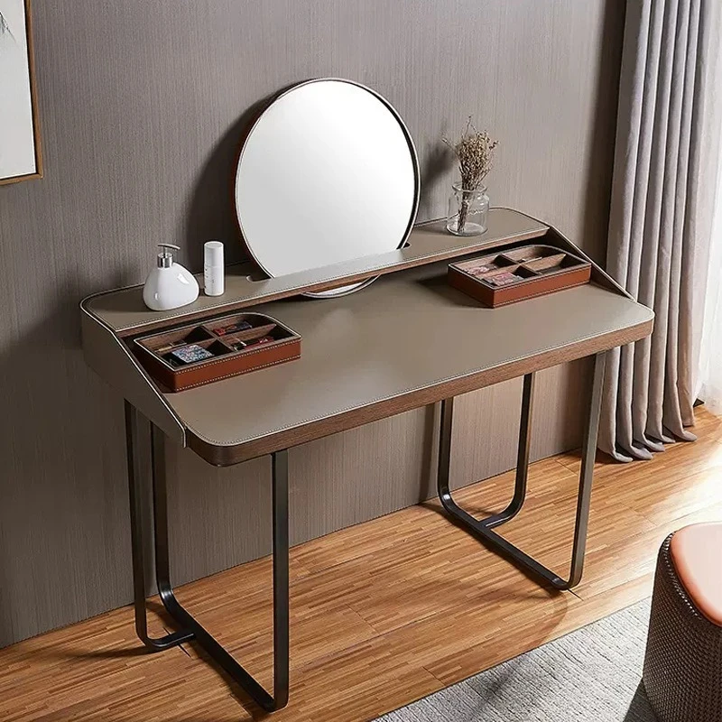 

Italian minimalist saddle leather dresser with makeup mirror light luxury post-modern stainless steel