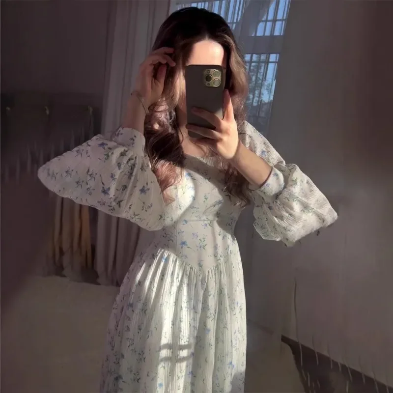 2025 New Floral Fairy Waist Square Neck Lace-up Long Dress Robe S9219