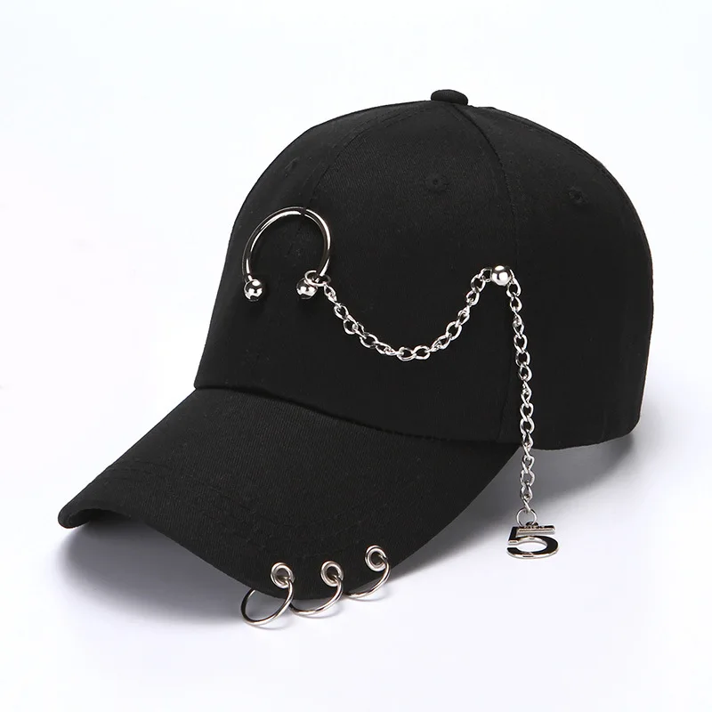 

Hip Hop Baseball Cap with Ring Snapback Cap Women Men Trucker Hats Visors Adjustable Vintage Iron Chain Outdoor Hats Dad Cap