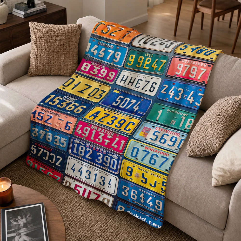 Vintage License Plate Throw Blanket USA State Route Numbers Retro Americana Couch Decor Gift