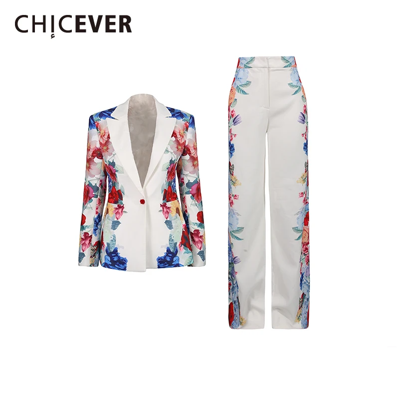 

CHICEVER Solid Spliced Printing Two Piece Set Female Lapel Long Sleeve Jacket Casual Retro Women's Trousers Sets Autumn Fashion