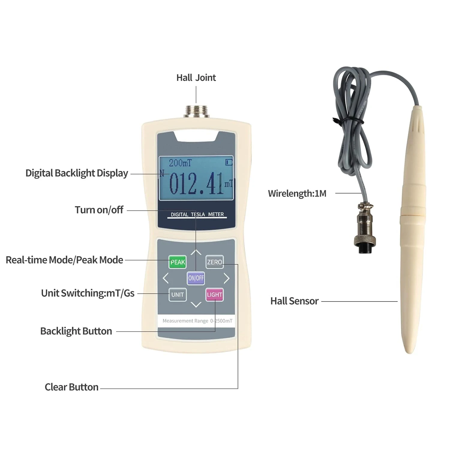 High Accuracy Magnetic Field Tester Auto-ranging 200mT/2500mT Digital Tesla Meter Gaussmeter With Standard Radial Hall Probe