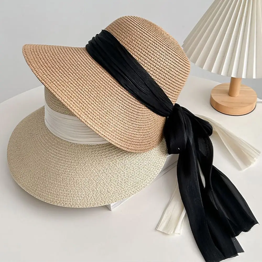 

Vacation Foldable Woman's Straw Hat UV Protection Wide Brim Sun Protection Cap Bow Ribbon Elegant Straw Sun Hat Summer