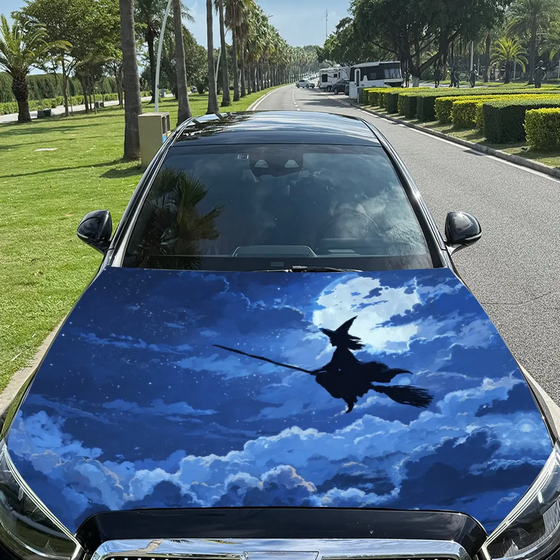 Witch Flying in Moonlit Sky Car Vinyl Wrap, PVC Material Waterproof Car Hood Sticker, Self-Adhesive Scratch-Resistant Stickers f