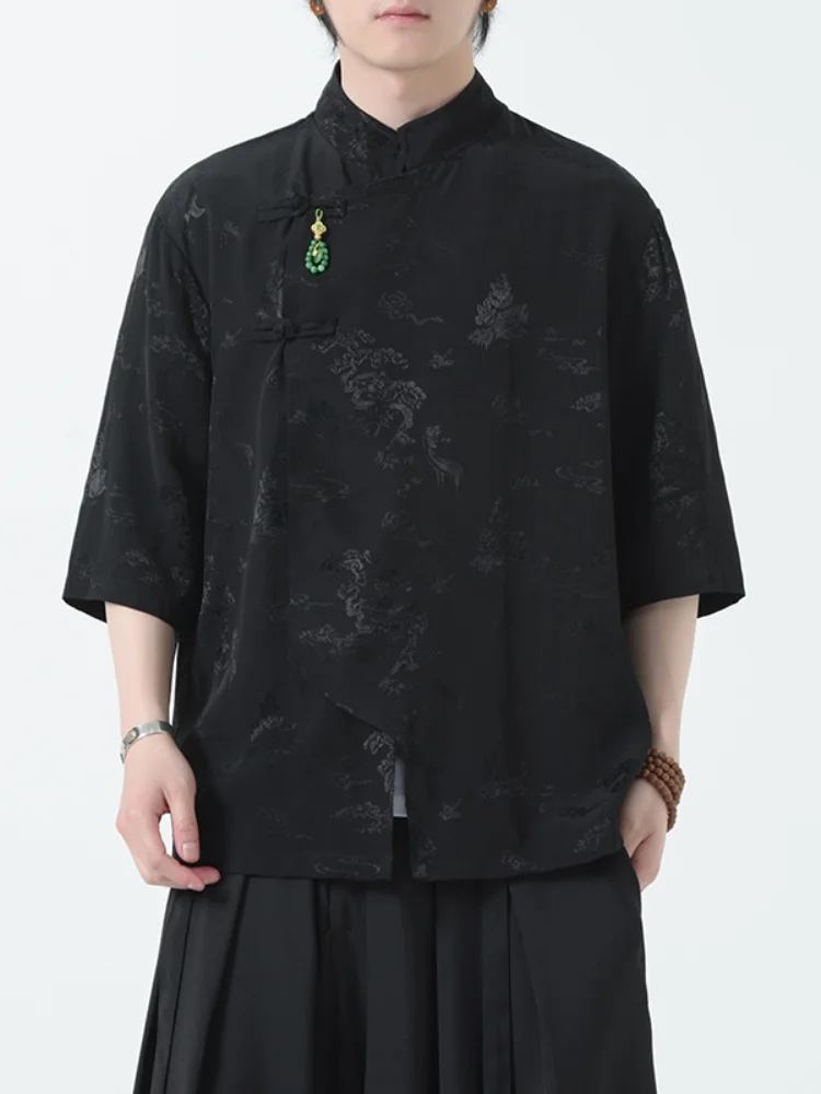 

Мужская летняя тонкая рубашка из ледяного шелка с коротким рукавом, с боковыми пуговицами, винтажный улучшенный костюм в стиле Тан, модный, премиум-класса