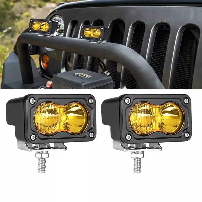 Pair 40W 3inch Amber LED Cube Pods Front Bumper Hidden Grille Mount Hood Ditch Pods Offroad Driving FOG Truck ATV RZR
