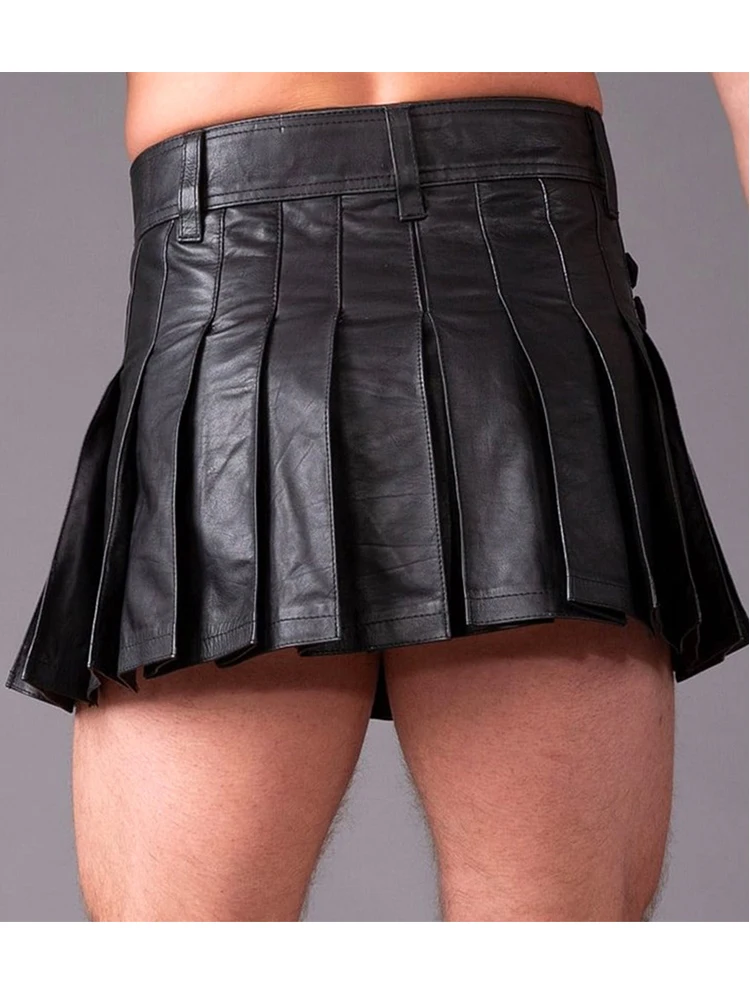 S-3XL Faux PU Leather Mens Pleated Skirt A-line Micro Mini Skirts High Waist Faldas Tights Cosplay Costume Sexy Jupe Saias Gonna