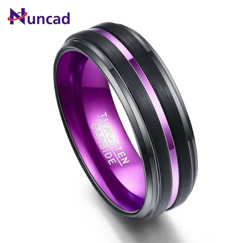 Nuncad 6-15 8MM Galvanized Black Matte Finish Purple Grooved Step Small Bevel Tungsten Carbide Men's Ring Wedding Jewelry Male