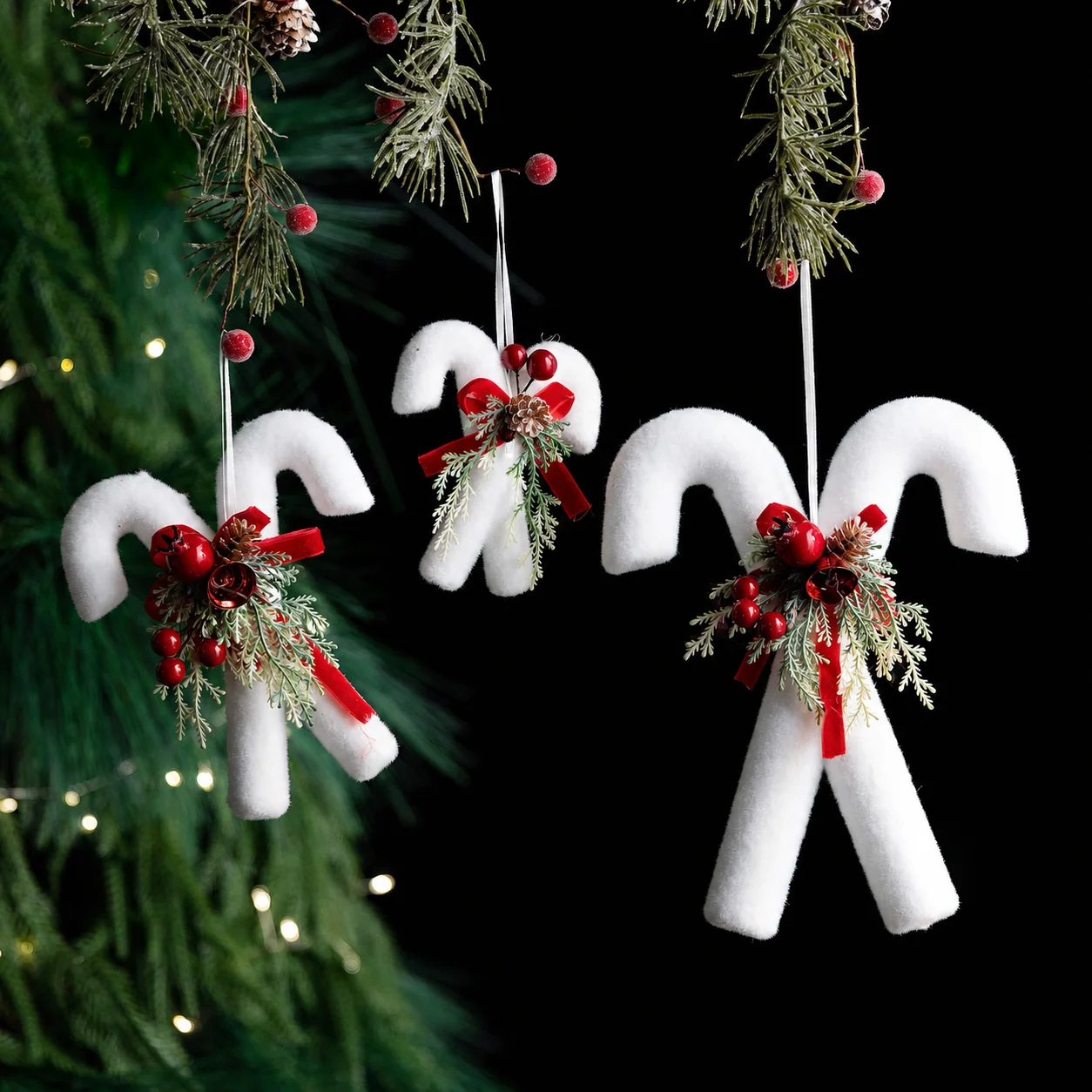 Flocked White Double Candy Cane Christmas Ornament With Red Berry Bow For Xmas Tree Holiday Window Home Hanging Decor