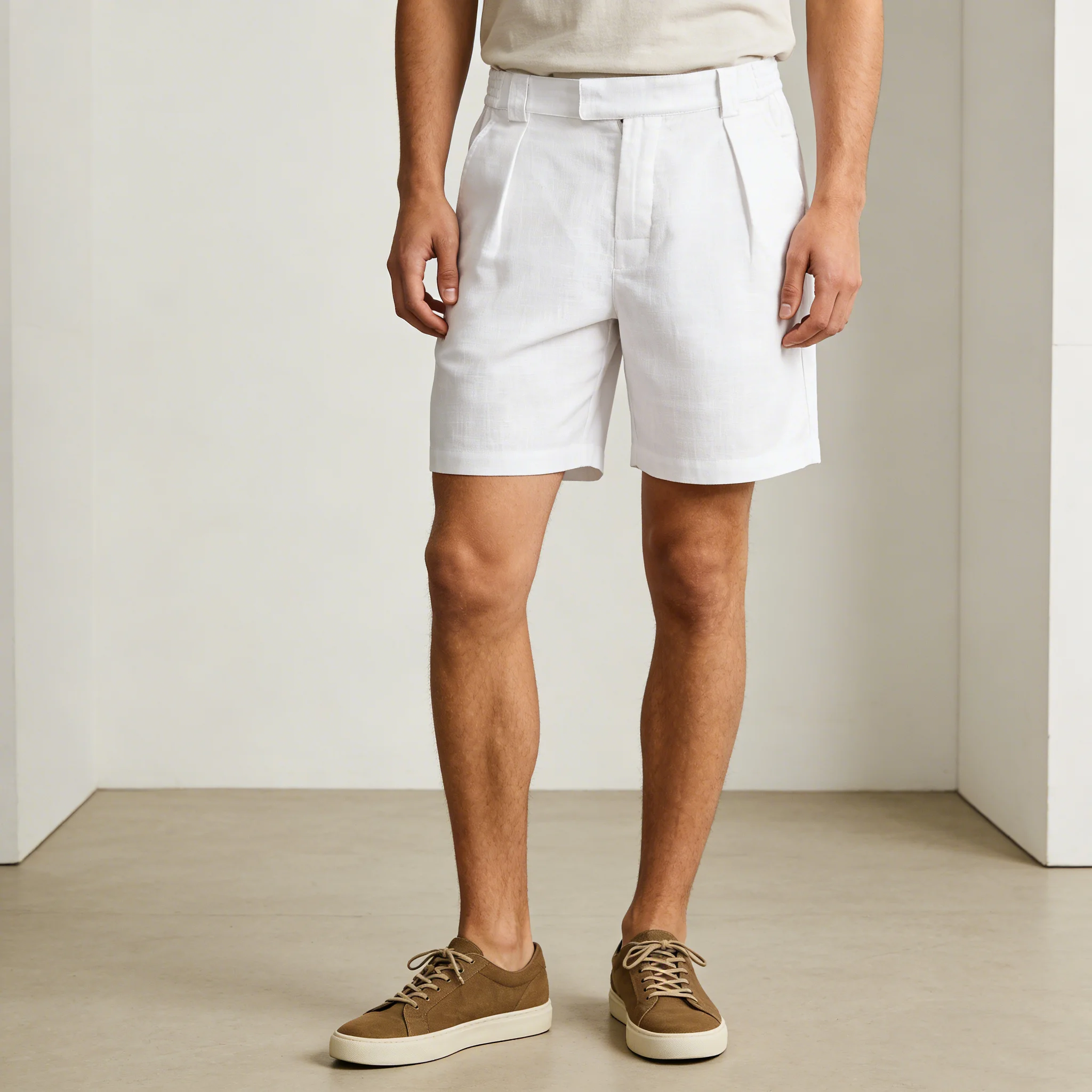 

Men's White Pleated Linen Bermuda Shorts Classic Fit Elastic Waistband Casua Knee Length Summer Vacation Beach Shorts