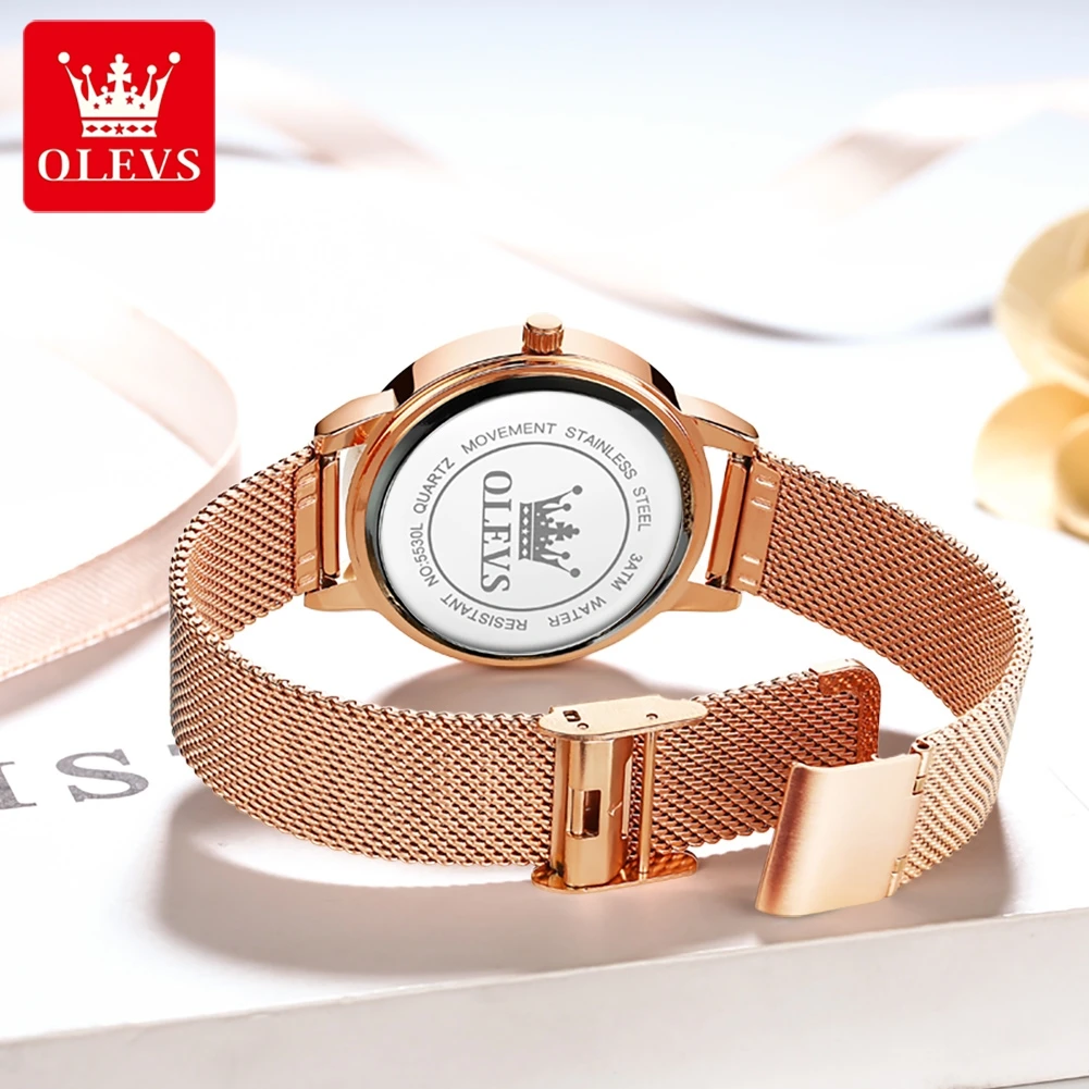 OLEVS 5530 Top Original Women\'s Watches Elegant Rose Gold Mesh Strap Fashion Heart Design Waterproof Quartz WristWatch for Women