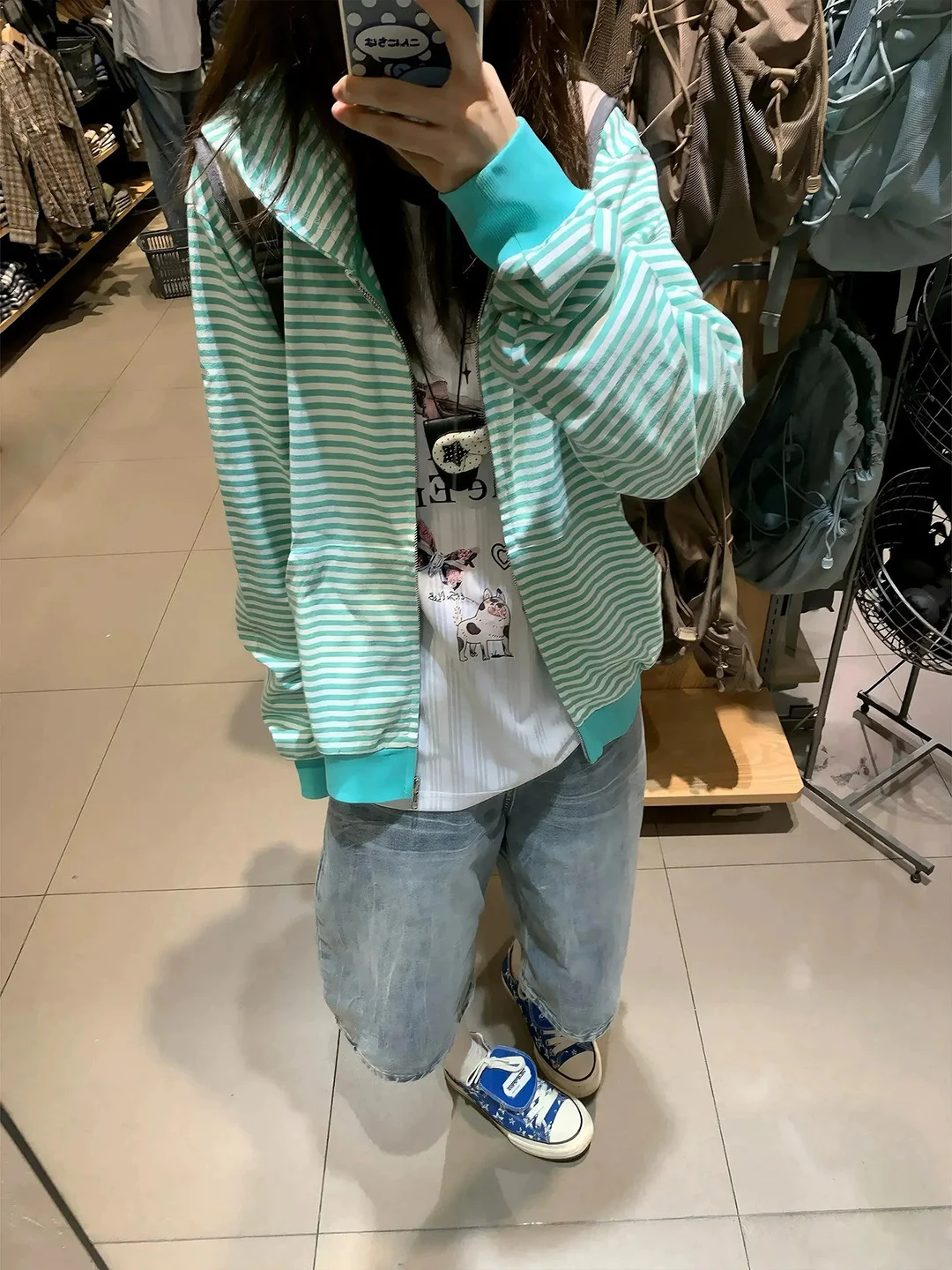 Elegant Green Striped Hooded Open Cardigan Sweatshirt Women's Loose Casual Zipper Jacket Comfortable Thin Long Sleeve Autumn