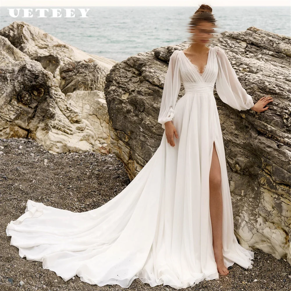 

UETEEY Customized Boho V Neck Puff Sleeve Lace Chiffon Wedding Dress Women Beach A Line Zipper Back Court Train Bridal Gown