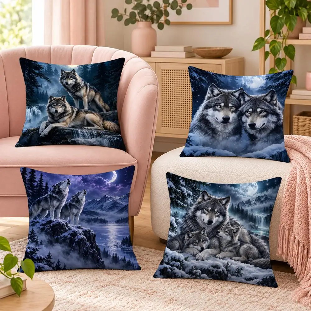 Wolves In Moonlit Forest  Snow Cushion Cover Pillow Case Organic Short Plush Cushion Covers Washable Wrinkle-Resistant