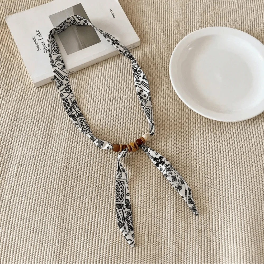 

New Vintage Thin Polka Dot Neckerchief Pearl Beads Choker Scarf French Style Long Narrow Silk Scarf Necklace Work