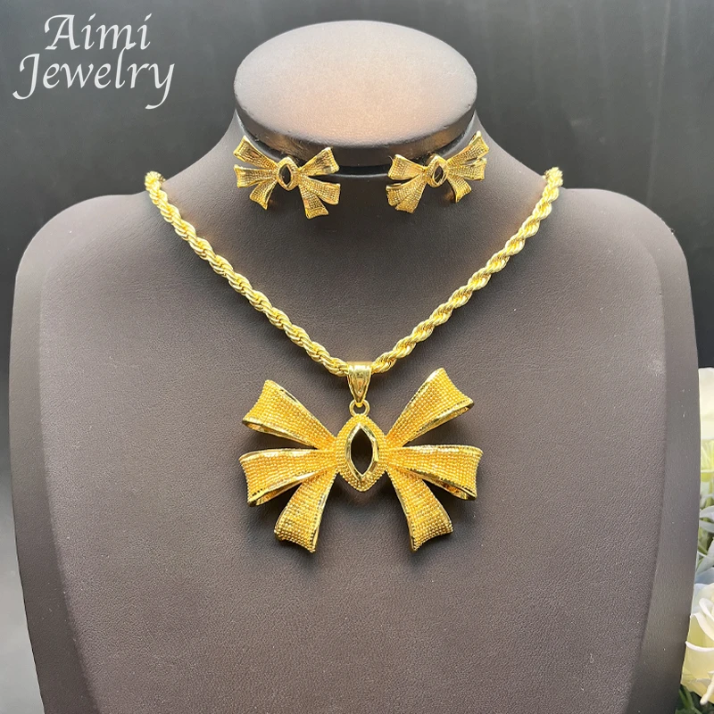 Dubai 24K Gold Plated Bowknot Necklace Earrings Jewelry Set with Chains Luxury Golden Women Party Wedding Anniversary Gifts