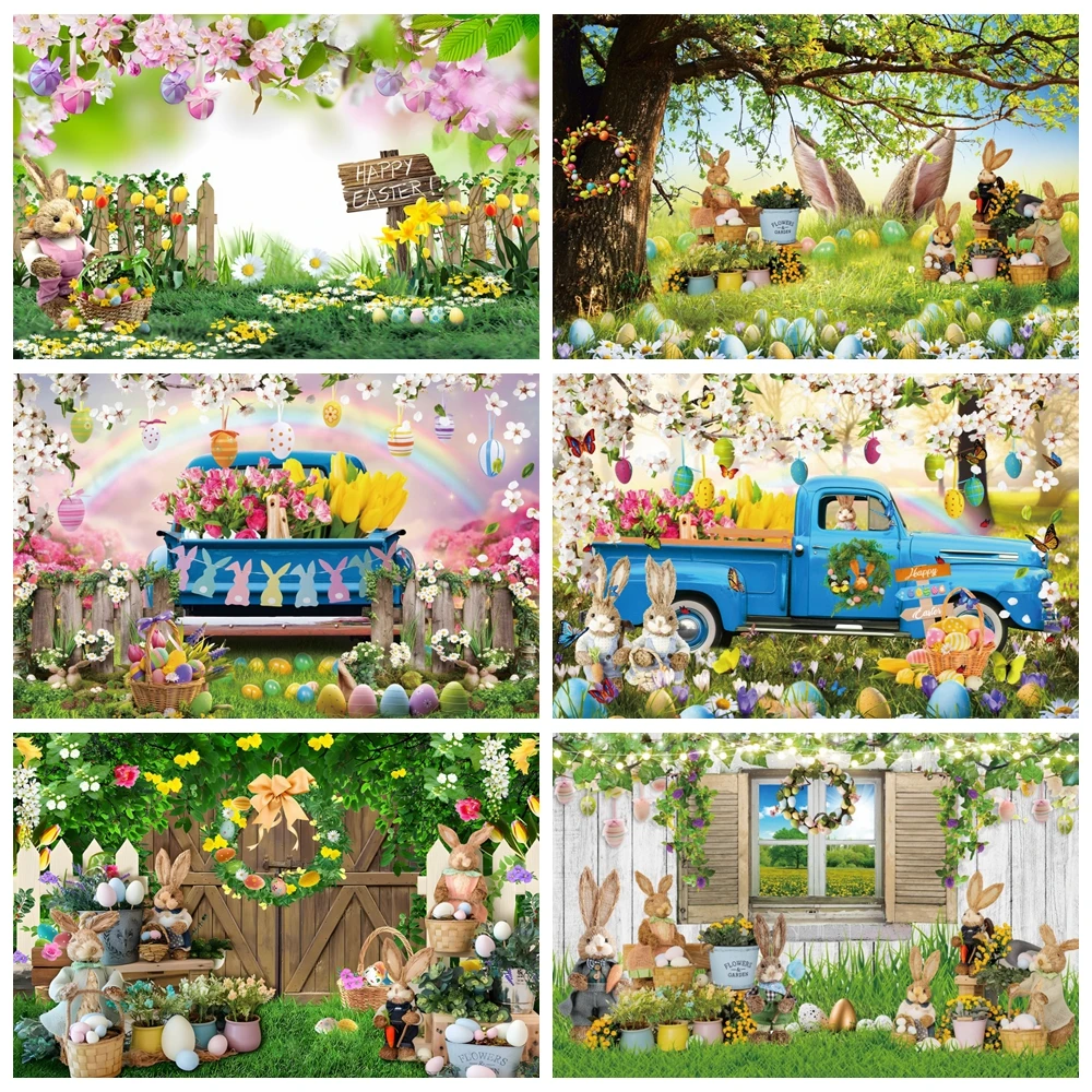 

Spring Easter Backdrop for Photography Bunny Garden Green Grass Eggs Rabbits Window Flower Easter Baby Portrait Photo Background