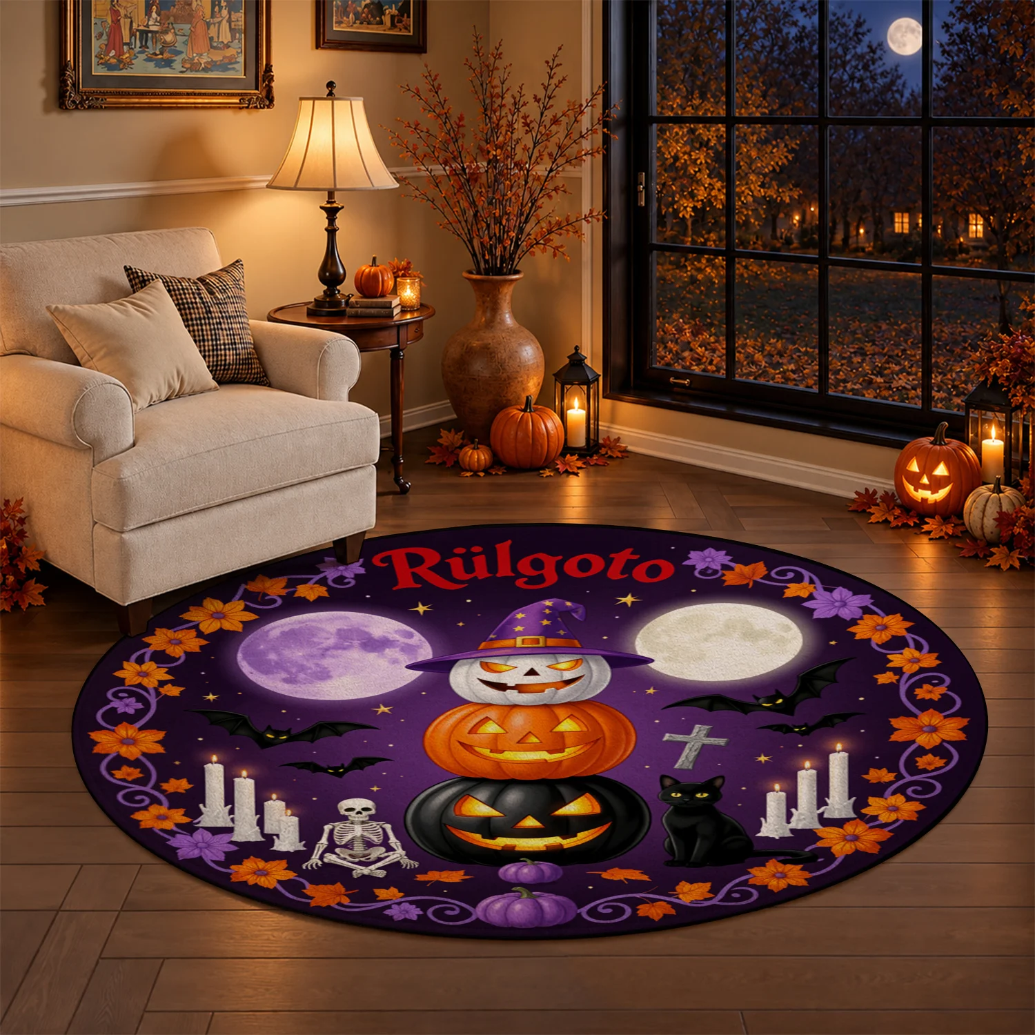 Halloween Themed Stacked Pumpkins Bats Skeleton Moon Candles Round Velvet Rug, Machine Washable, Ideal for Entryway Living Room Bedroom, Decor for Halloween Thanksgiving Christmas Black Friday New Year Holiday