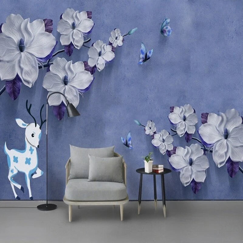 MU9190  Modern oil painting relief flower and deer pattern home decoration TV bedroom background decorative painting paper