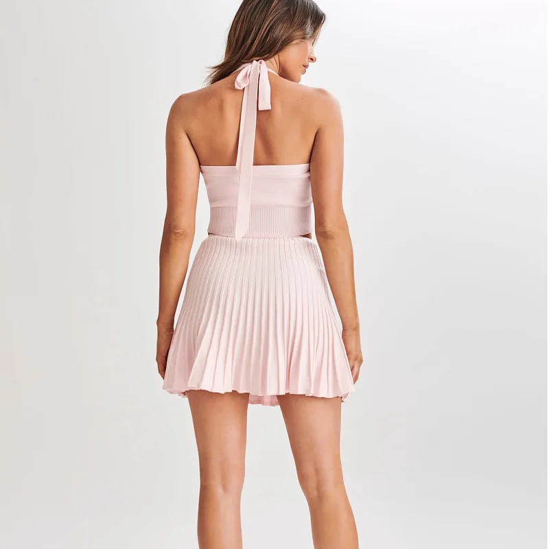 Traje Sexy de chica picante para mujer, chaleco sin tirantes con cuello, Falda plisada de cintura alta, 2 piezas