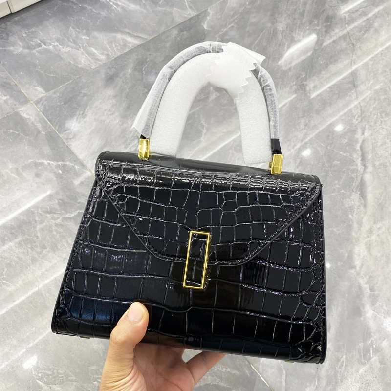 

Japan Style Box Bags For Women Luxury Designer Handbags Purses 2025 New In PU Glossy Crocodile Pattern Lock Top Handle Shoulder