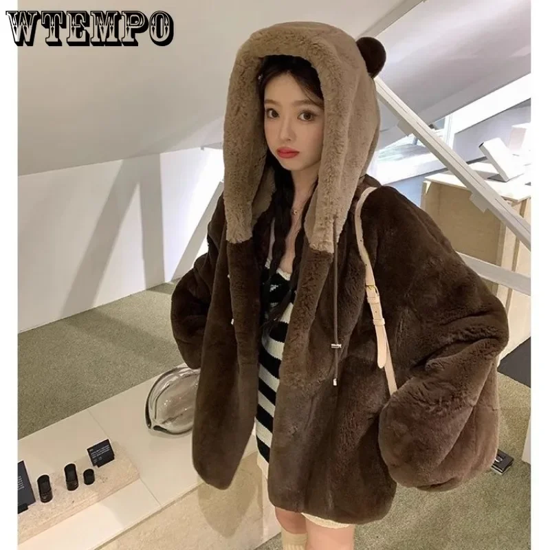 WTEMPO Korean style Women Cute Bear Fake Fur Imitation Rabbit Plush Fur Coat Autumn and Winter Hooded Thickened Zipper Jacket