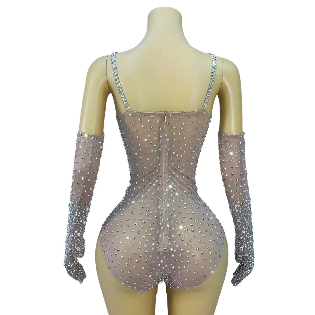 Shizuan Flashing Diamonds Skinny Bodysuit with Gloves Stage Bar Nightclub Performance Dance Costume Evening Party Show Outfit