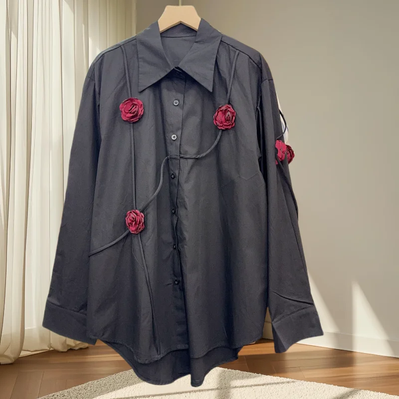 

2025,New,European,Clothes,Loose,Blouse,Fashion,Sexy,Turndown Collar,Vintage,Three-dimensional rose,Women,Long Sleeve,Tops,41288