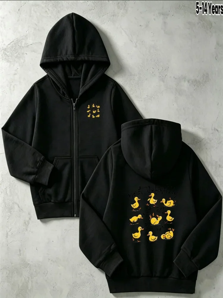 Kids Red Zip Up Hoodie Cute Yellow Duck Slogan Print Front And Back Pattern Long Sleeve Pocket Casual Hooded Jacket For 5 To 14