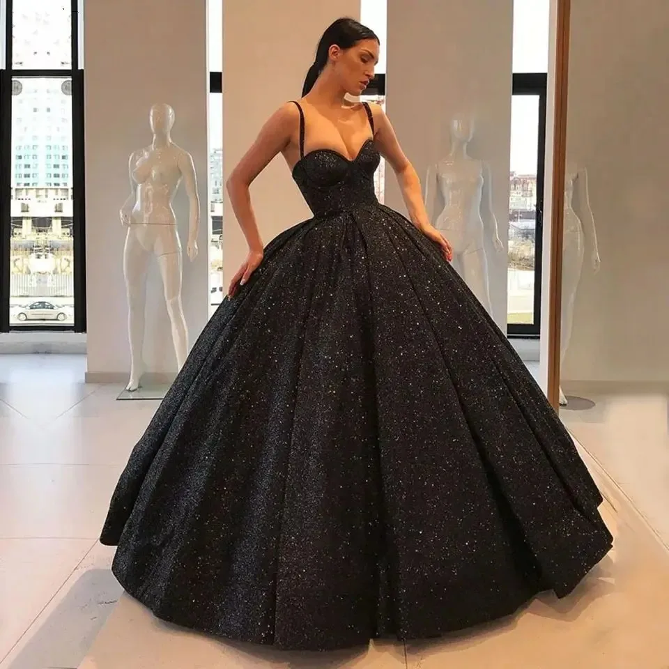 Flora Dress Black Tulle Evening Dresses A-Line Formal Party Spaghetti Strap Vestidos De Gala Elegant Shiny Sequins Porm Gown