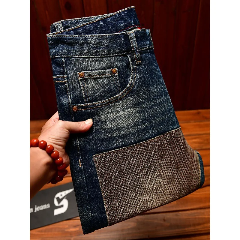 Autumn Vintage Jeans for Men Slim Fit Patchwork Trendy Street Fashion Personality Retro Long Pants