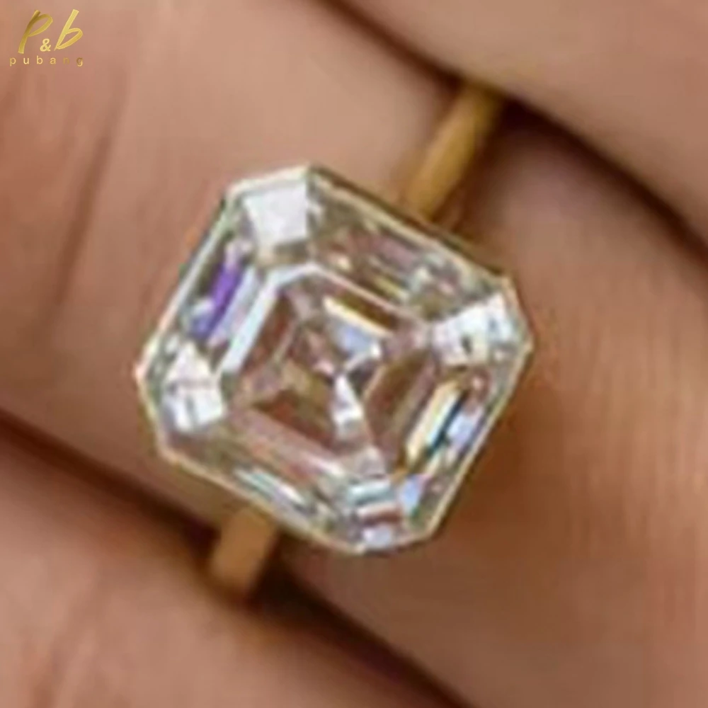 

PuBang Fine Jewelry 3EX VVS1 D Color Moissanite Ring Women 5 Carat Old Mine Asscher Cut 14k Yellow Gold Invisible Bezel band