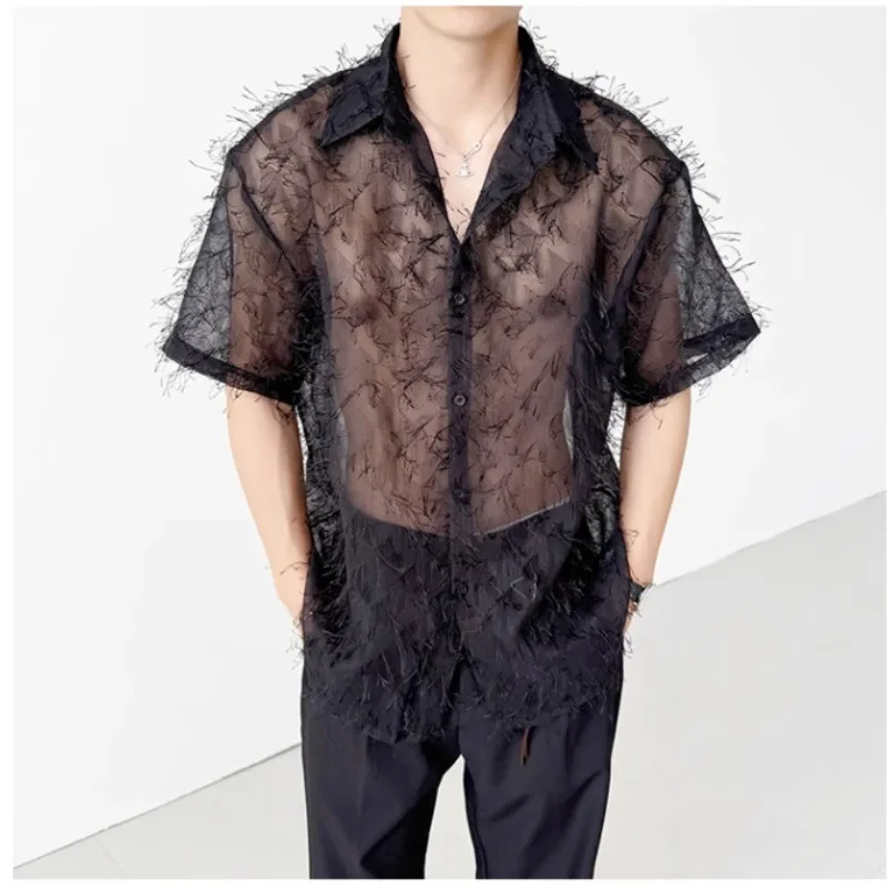 

Мужские полупрозрачные свободные повседневные рубашки с кисточками и короткими рукавами, винтажные модные вечерние рубашки, блузки, сценическая одежда, костюм
