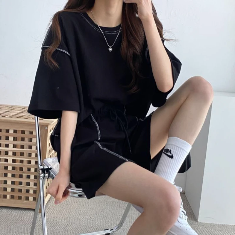 Summer Women\'s Short-sleeved Shorts Two-piece 2023 New Fashion Casual Sports Suit Loose Oversized Solid Color Patchwork Neutral