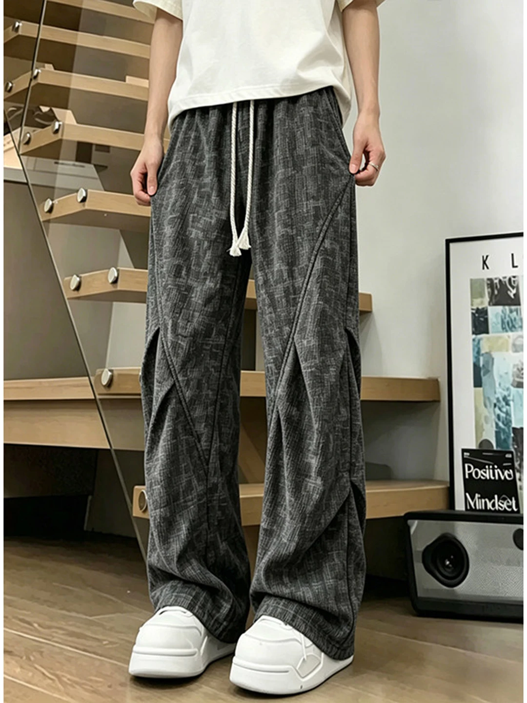 American Retro Tie Dye Plaid Ice Silk Men's Summer Thin Straight Tube Folded Design Paratrooper Sports Pants Casual Trousers