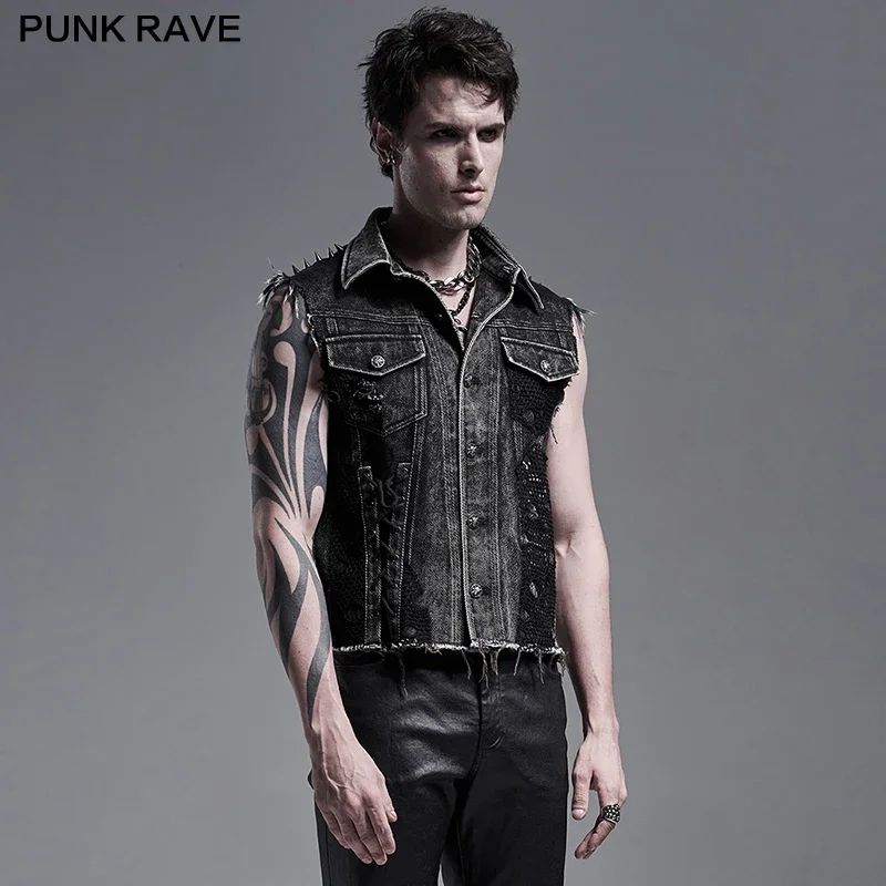 PUNK RAVE Men's Punk Daily Wear Decadent Broken Vest Distressed Turn Collar Casual Denim Waistcoat Streetwear