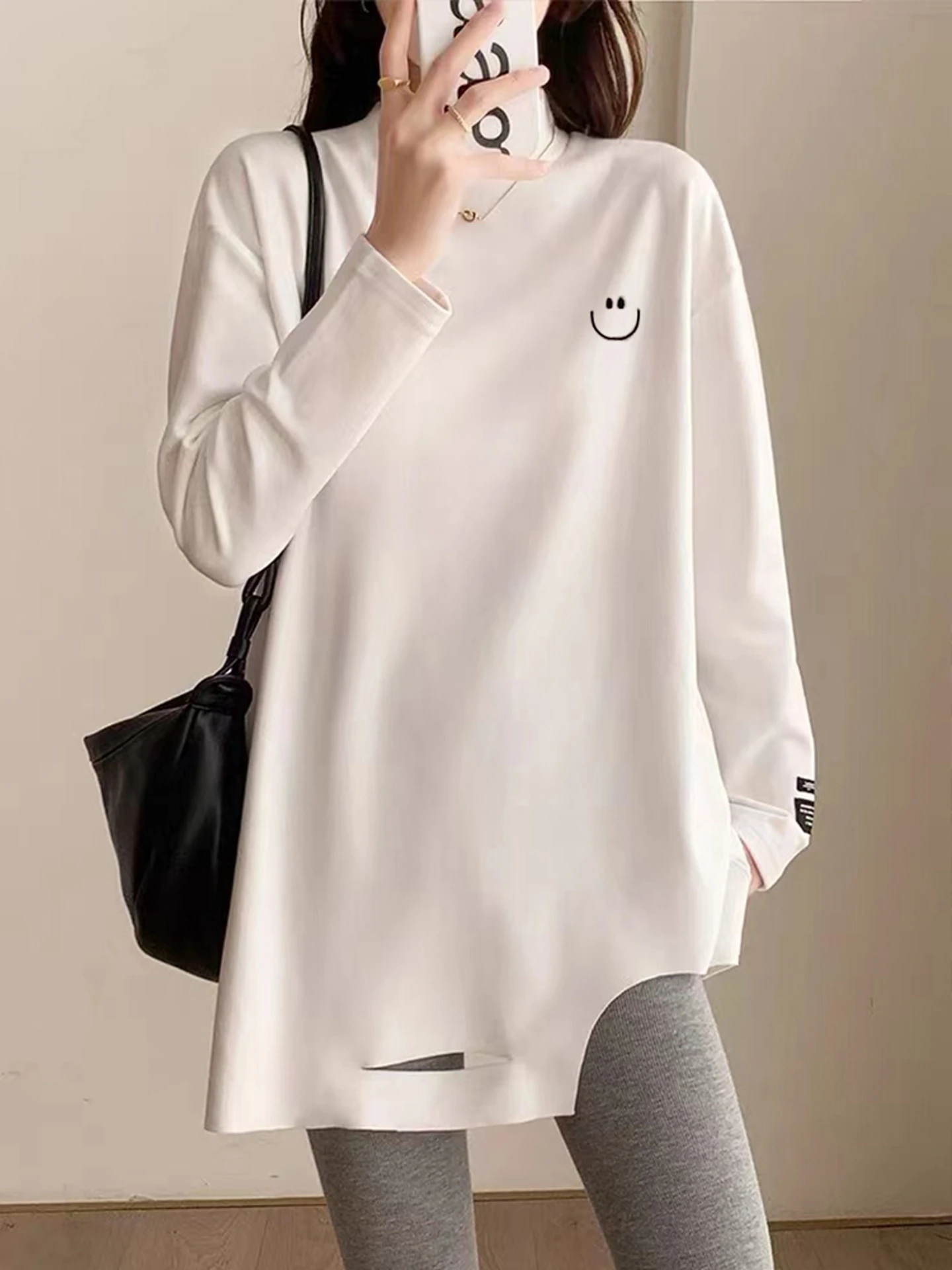 

Double-Sided Fce Warm Base irt Women's Autumn Winter Loose Versatile f High Collar Mid-Length T-irt Korean Sle Co...