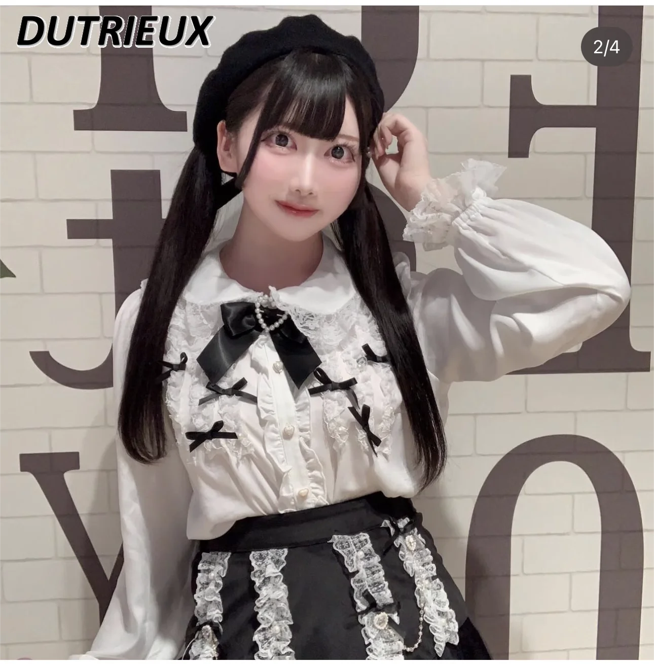 SC Japanese Style Sweet and Cute Bow Tie Doll Collar Long Sleeve Lace Chiffon Shirt for Women Spring New White Base Blouse