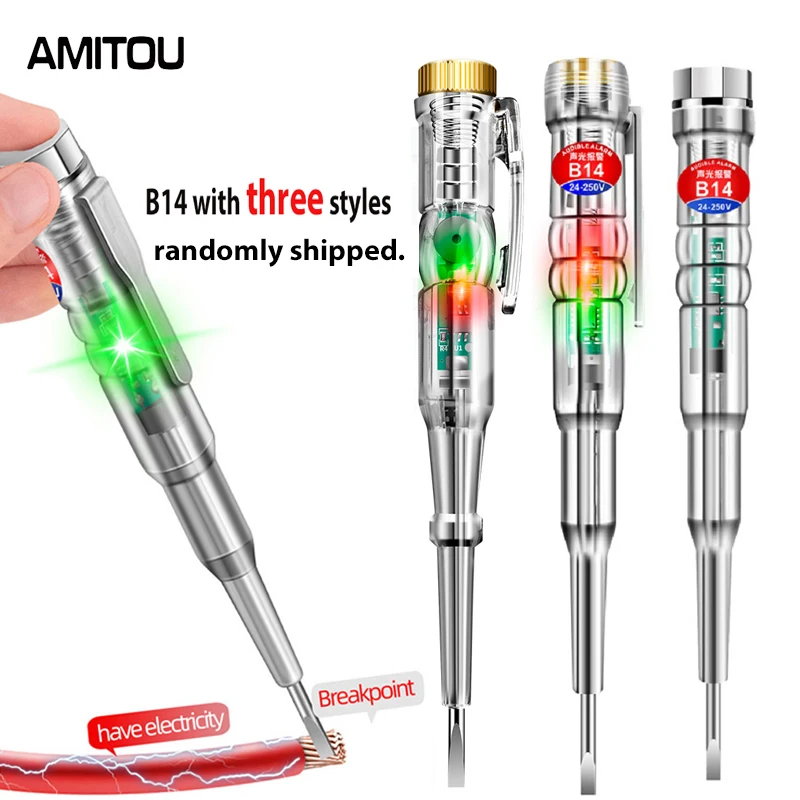 AMITOU B14 Screwdriver Test Pen Non-contact Voltage Meters with Screwdriver Probe 24-250V Tester Volmeter with Light Sound Alarm