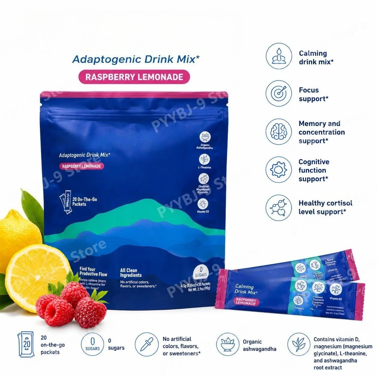 Calming Powder Drink Mix with L-Theanine, Focus Memory Concentration & Cognitive Support, Healthy Cortisol Balance, 20 Packets