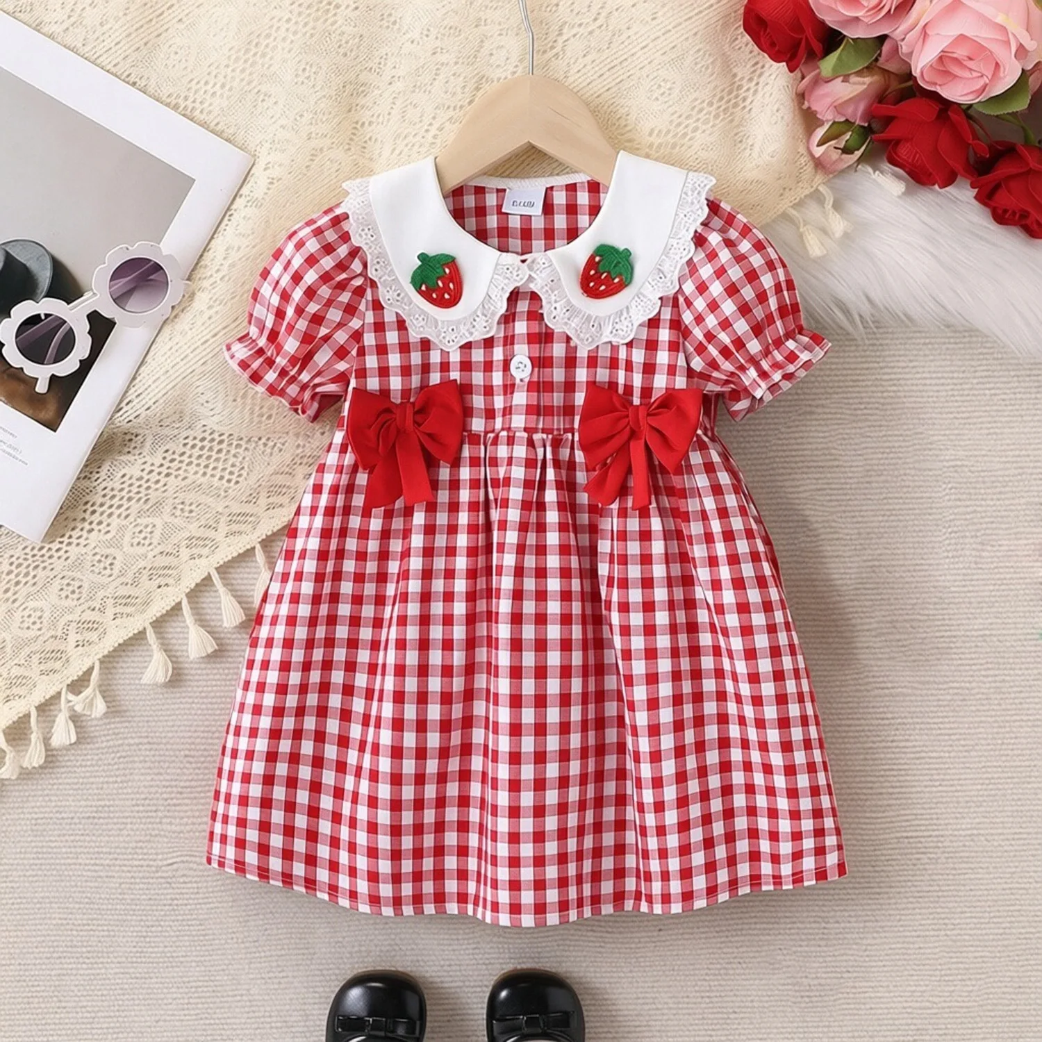 Baby Girls Summer Red Plaid Dress, Peter Pan Collar Lantern Sleeve, Bow & Strawberry Applique Cute Casual Dress