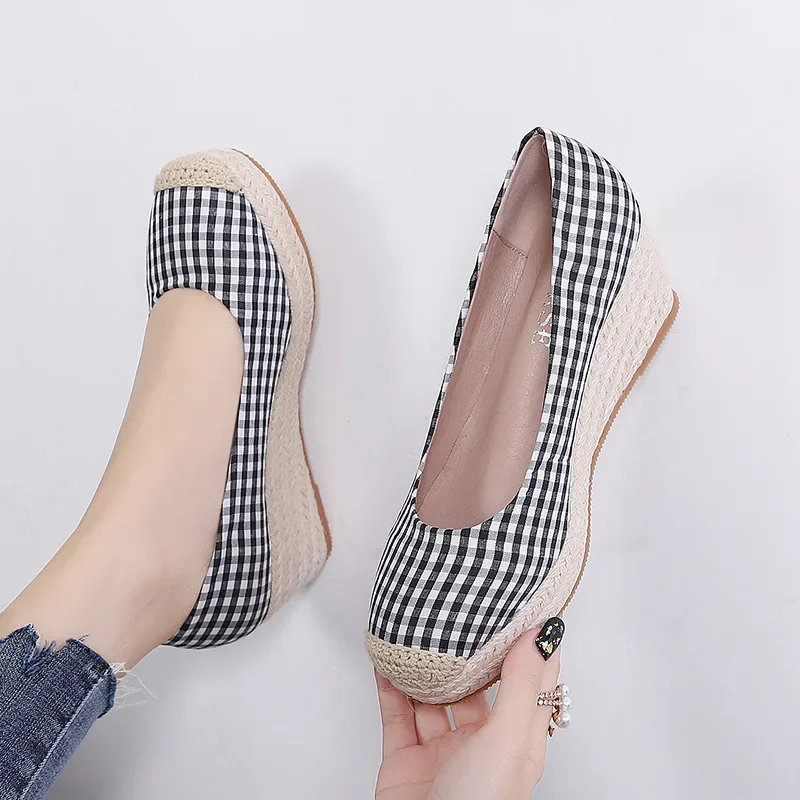 2024 Fashion Wedges Heels Shoes Women Spring Summer Cloth Women Shoes Plaid Ladies High Heel 7cm A4247