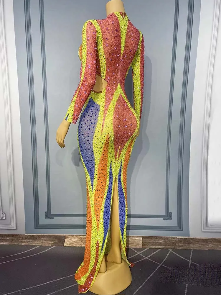 Vestido de malla bloqueado de Color elástico con abertura calada Sexy estampado en caliente de alta calidad 2025, nueva moda, ropa personalizada para mujer