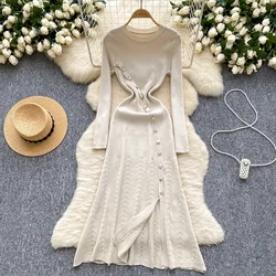 Chic Button O-neck Elegant Long Sleeve Slim Split High Street Women Vintage Korean Fashion Office Lady Autumn Winter Knit Dress