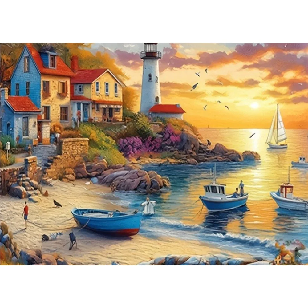

2D Flat 1 Box of 500/1000/1200/2000PCS Puzzles for Adults Beach Sunset Town Scene Jigsaw The Gift for Family and Friend Unframed