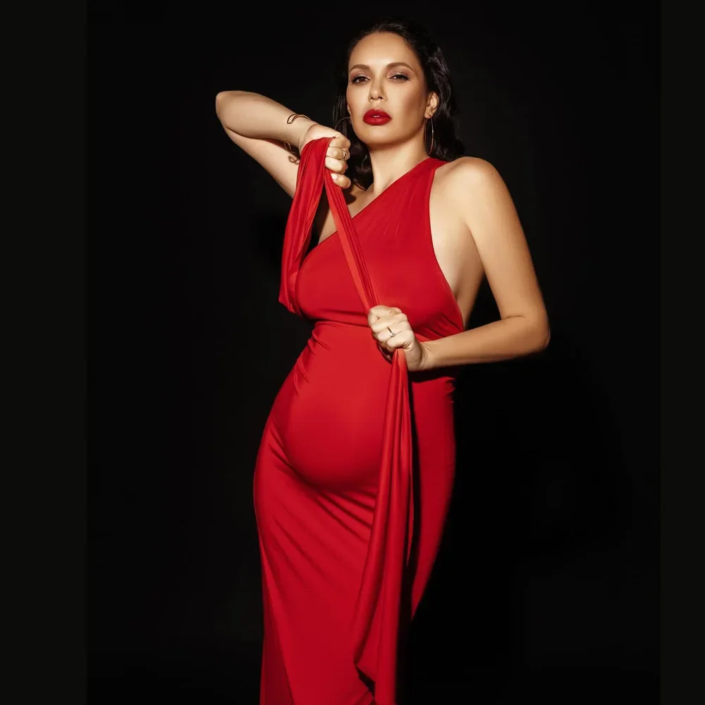 

Sloping Shoulder Maternity Dresses Stretchy Halter Sleeveless Baby Shower Dress Pregnant Woman Dress For Photography