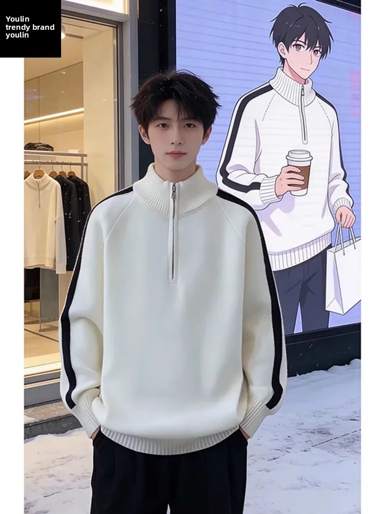 

Men's Fce Lined Thiened Zipper Stand Collar Knitwear Winter Casual Comfortable Loose Fit Long Sve Soft Polyester irt