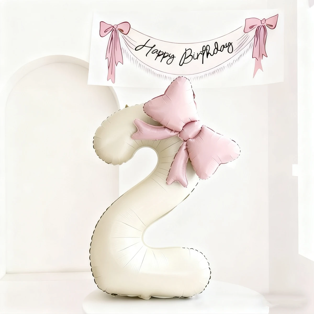 32inch Brown-White Number 8 Foil Balloon with Light Pink Bow - Birthday/Anniversary Party Decor