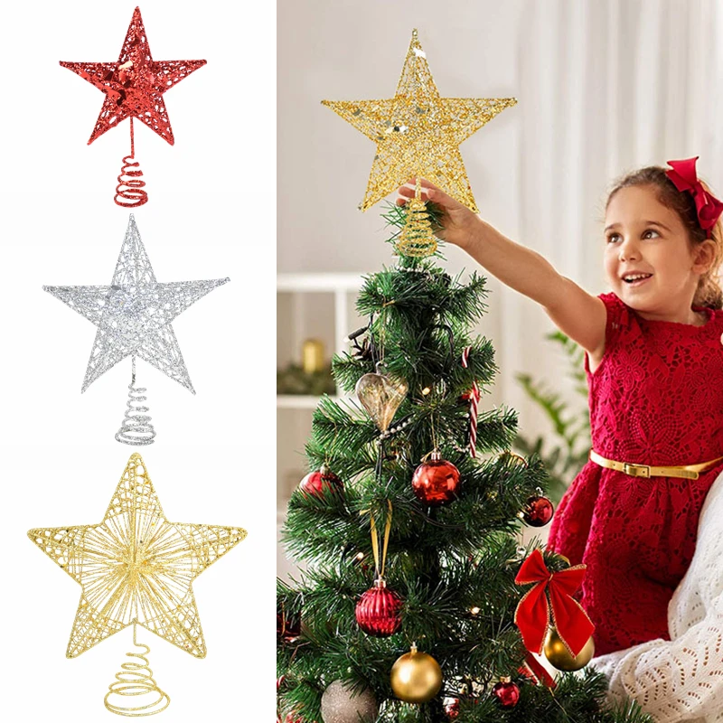 

Hollow Sparkle Star Toppers Christmas Tree Topper Gold Silver Red Xmas Tree Ornament for Christmas New Year Party Treetop Decor