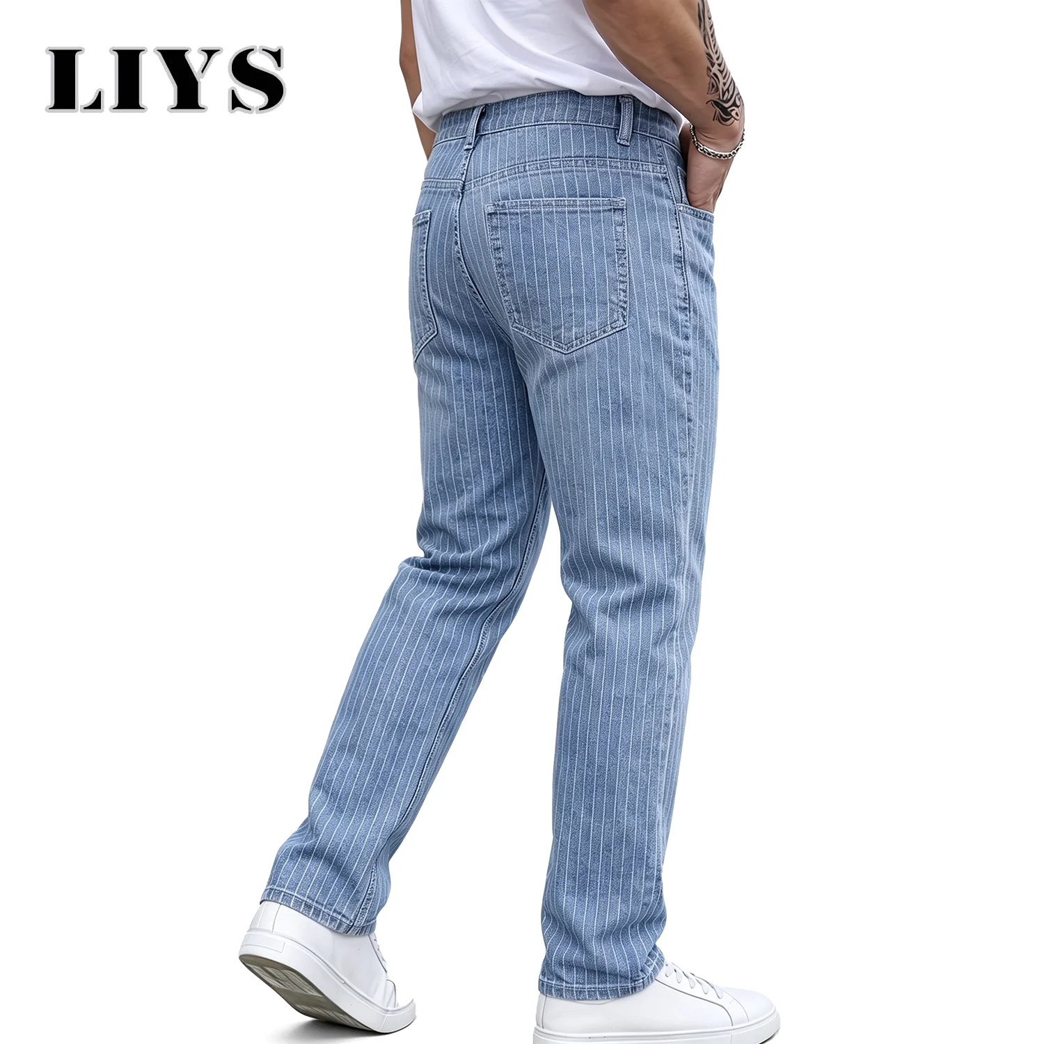 LIYS Light Light Blue White Striped Jacquard Slim Elastic Fit Straight Leg Jeans Business Casual Style Commuting Denim Pants﻿ ﻿